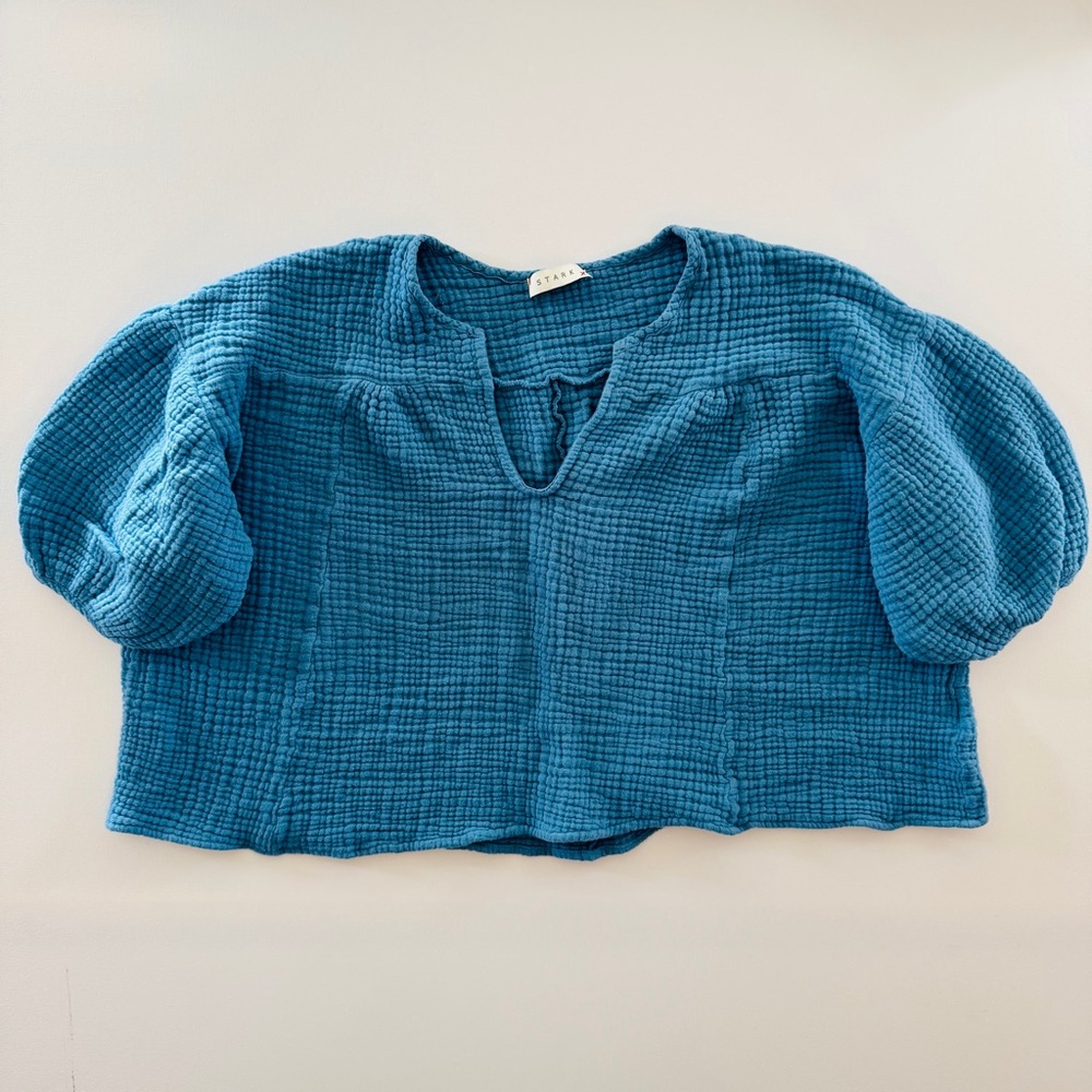Stark X Blue Cotton Gauze Puff Sleeve Boho Blouse Slouchy Top X-Small